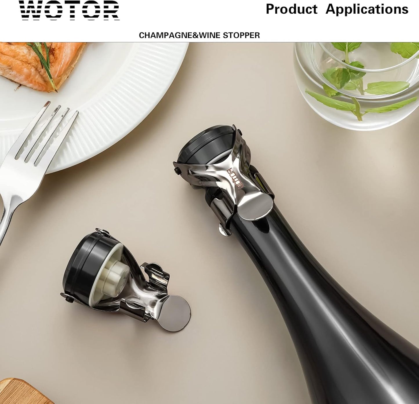 WOTOR Champagne&Wine Bottle Stoppers Stainless Steel with Food Grade Silicone, Leak Proof Keep Fresh Reusable Saver, Cork Suitable for Wine, Champagne, Cava, Prosecco and Sparkling (12 Pack Black）