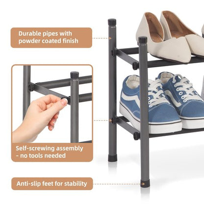 STORAGE MANIAC Expandable Shoe Rack, 8 Pairs Stackable Small Shoe Rack, Metal Adjustable Shoes Organizer for Closet, Entryway, Hallway, Garage, Front Door, Shoes Shelves, Black 2 Tier