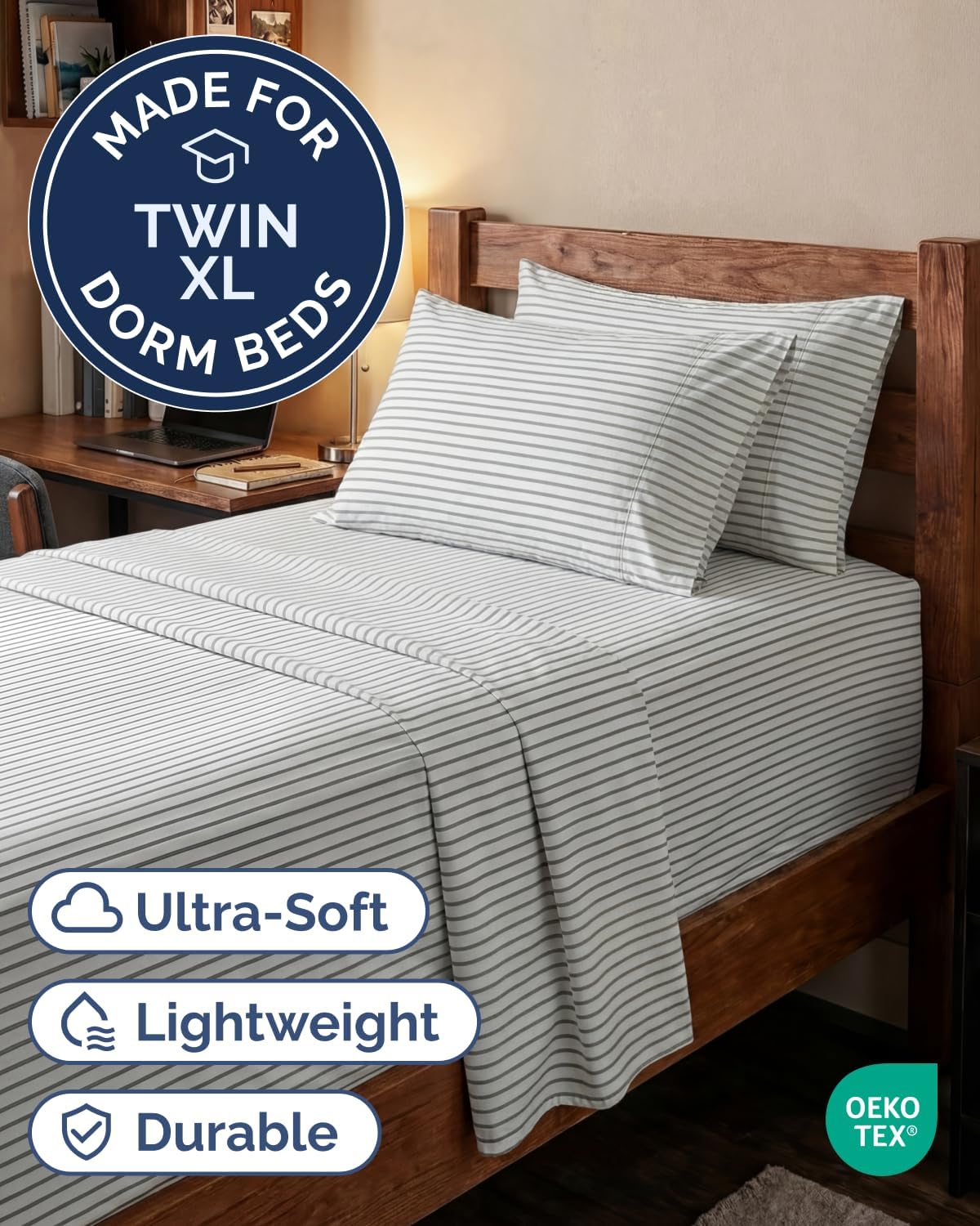 Skiennix Extra Deep Twin XL Sheet Set | 4-Piece Breathable Cooling Bedding - Soft, Wrinkle-Free Grey Stripes