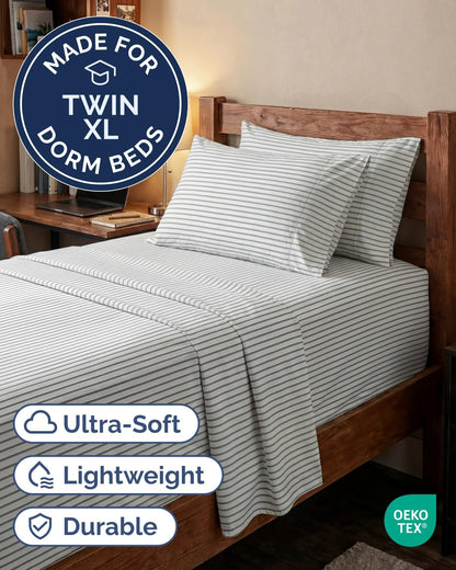 Skiennix Extra Deep Twin XL Sheet Set | 4-Piece Breathable Cooling Bedding - Soft, Wrinkle-Free Grey Stripes