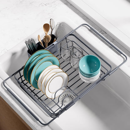 Skiennix Extendable Dish Drying Rack - Over Sink Storage with Utensil Holder | 12" W x 16.1-23" L, Silver