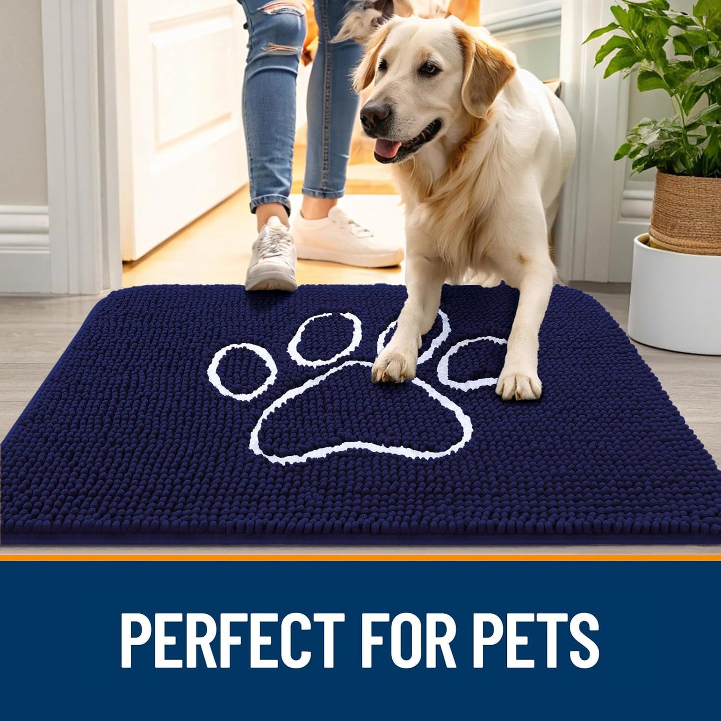 OLANLY Dog Door Mat - Absorbent Non-Slip Mud Mat for Paws | 24x16 Navy Blue Chenille Design
