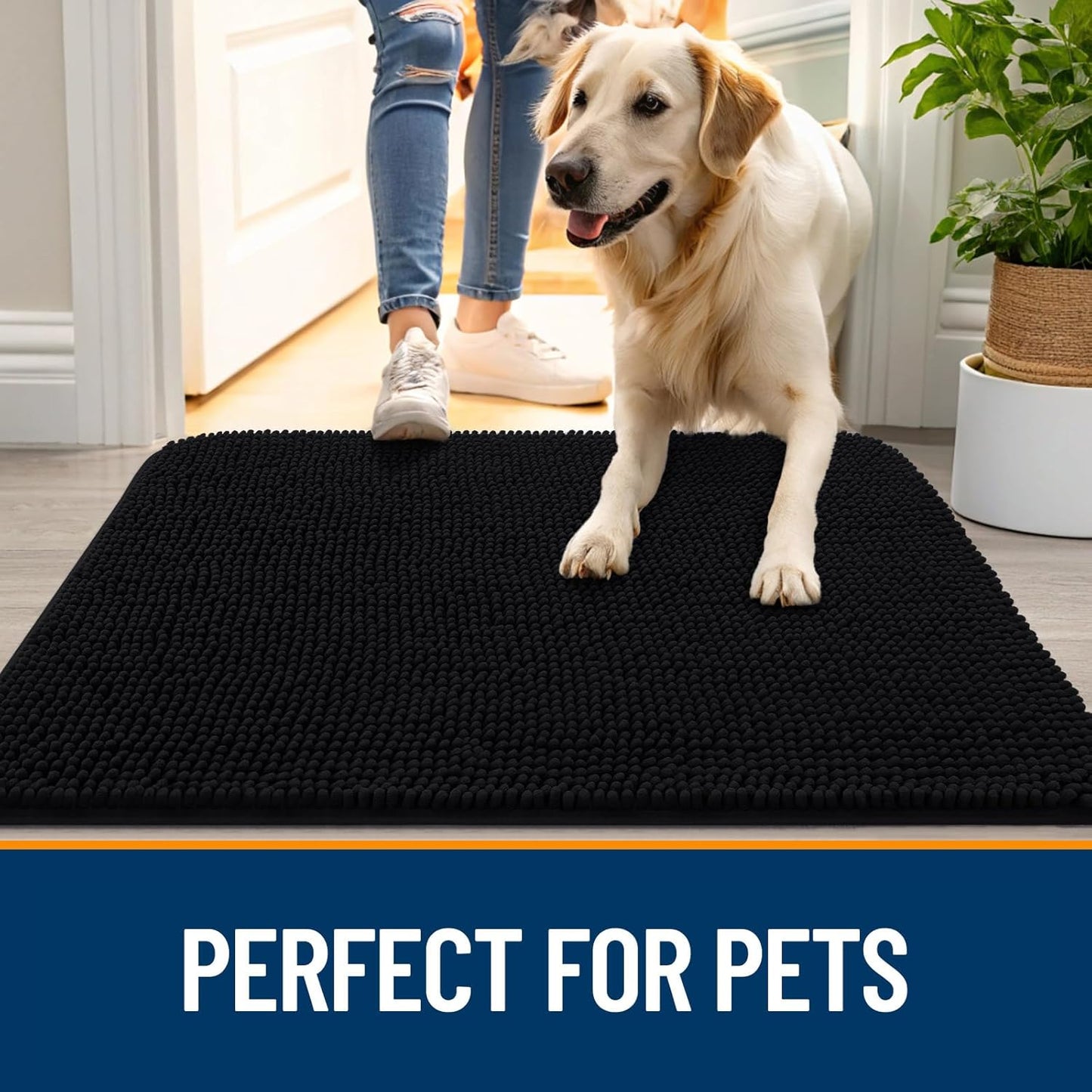 OLANLY Dog Door Mat - Absorbent Non-Slip Mud Mat for Indoor Use | 54x24 Black Chenille Carpet