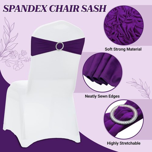 MDS Spandex Chair Sashes - 200 Pack Universal Elastic Stretch Bands with Buckle Slider | Purple