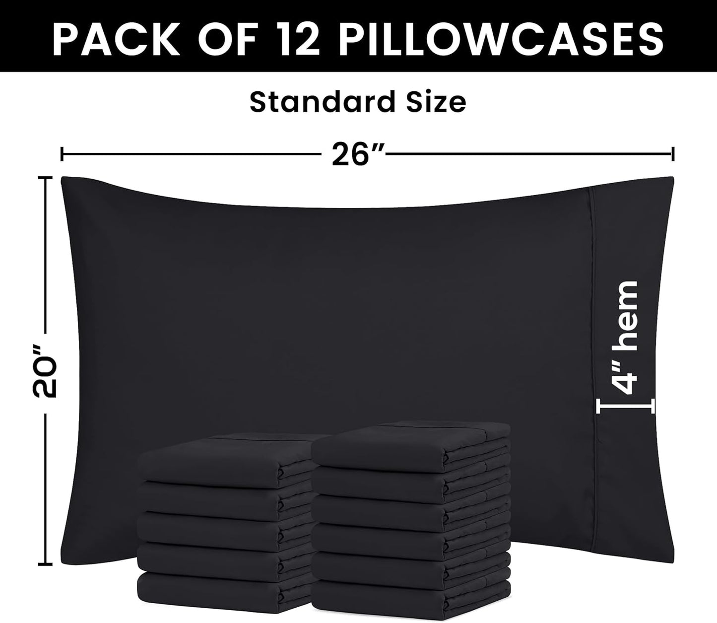 Utopia Bedding Standard Pillow Cases - 12 Pack - Soft Brushed Microfiber - Fade Resistant, Black 20x26 Inches