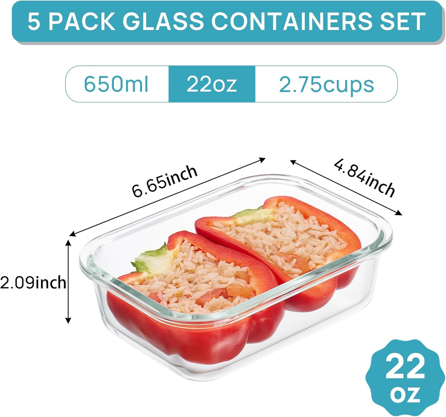 Vtopmart Glass Storage Containers - 22oz Meal Prep Set with Airtight Snap Lids | Grey (5-Pack)