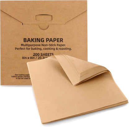 Skiennix Parchment Paper Sheets - 200 Pcs Unbleached Non-Stick Baking Liners | 8x8 Inch Natural Brown