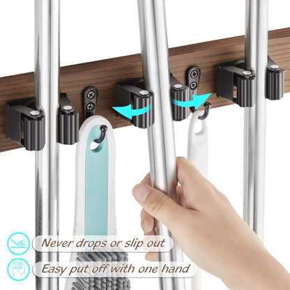 OUTNILI Mop and Broom Holder Wall Mount - Rustic Wood Organizer with 4 Slots & Hooks for Garage, Closet, Laundry Room