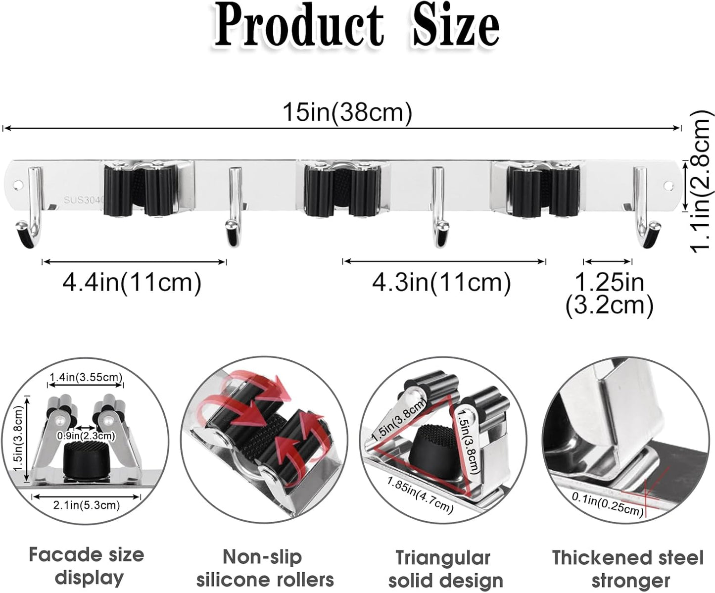 Skiennix Broom and Mop Holder - Wall Mounted Garage Organizer with 3 Racks & 4 Hooks | Heavy Duty Stainless Steel