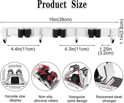 Skiennix Broom and Mop Holder - Wall Mounted Garage Organizer with 3 Racks & 4 Hooks | Heavy Duty Stainless Steel