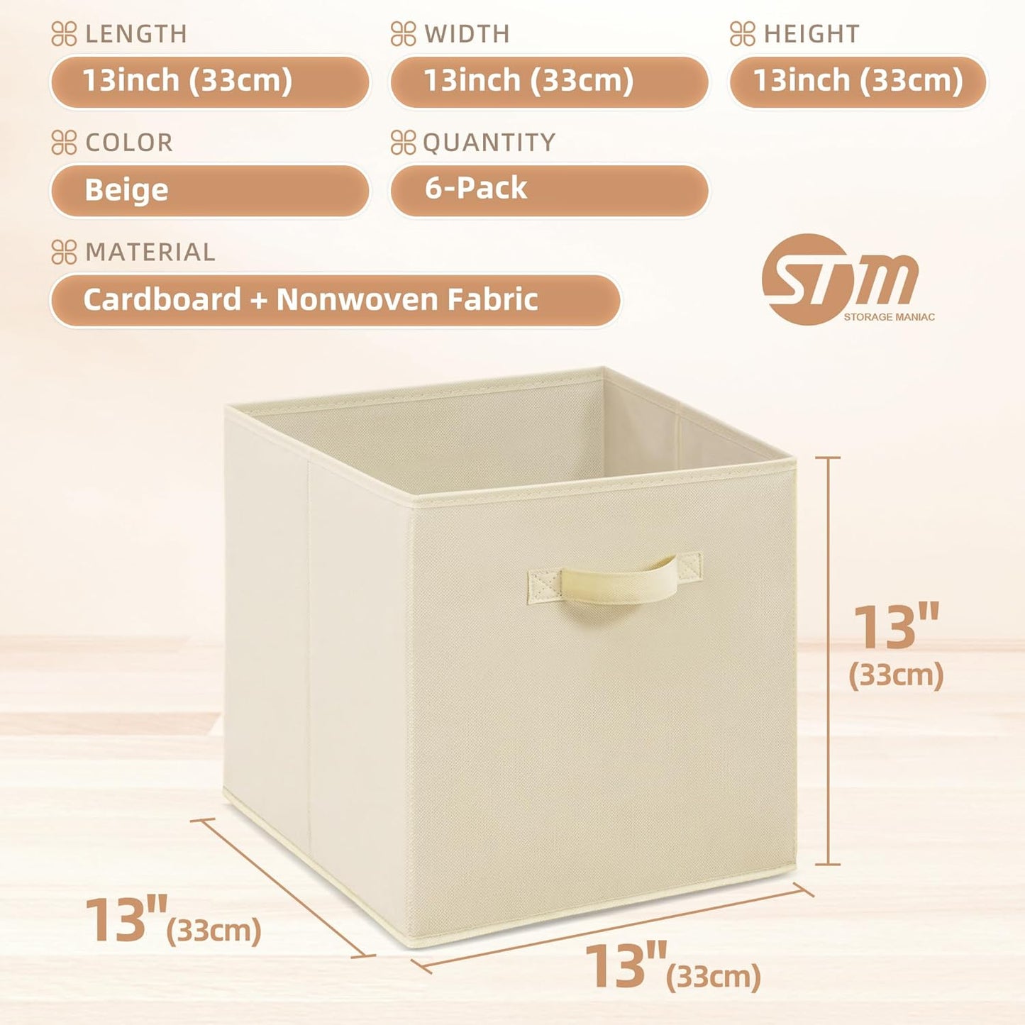 Storage Maniac Storage Cubes - 13-Inch Collapsible Fabric Bins with Handles | 6-Pack Beige for Easy Organization