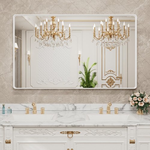 LOAAO 55x30 Inch White Metal Framed Bathroom Mirror for Wall, White Bathroom Vanity Mirror Farmhouse, Large Rounded Rectangle Mirror, Anti-Rust, Tempered Glass, Hangs Horizontally or Vertically