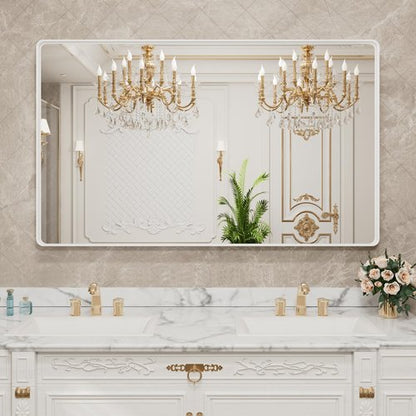 LOAAO 55x30 Inch White Metal Framed Bathroom Mirror for Wall, White Bathroom Vanity Mirror Farmhouse, Large Rounded Rectangle Mirror, Anti-Rust, Tempered Glass, Hangs Horizontally or Vertically