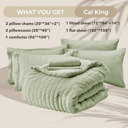 HYMOKEGE Light Green California King Comforter Set Seersucker 7 Pieces, All Season Luxury Bed in a Bag for Bedroom, Bedding Set with Comforters, Sheets, Pillowcases & Shams
