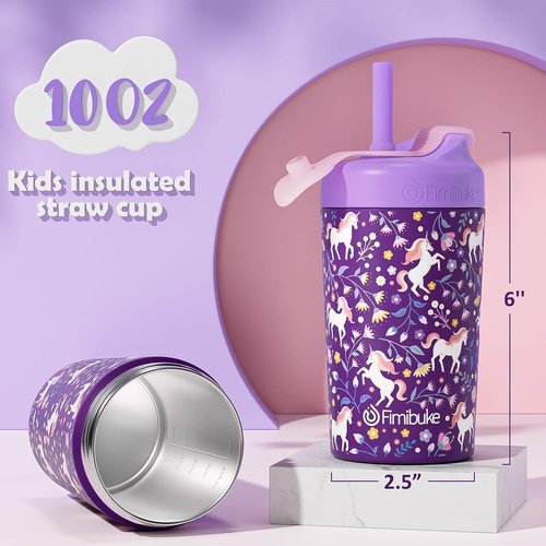 Fimibuke Kids' 10 OZ Spill-Proof Straw Cups - Leak-Proof Insulated Tumblers with Silicone Straws