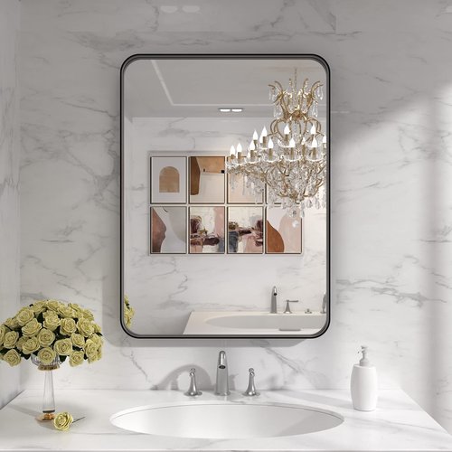 LOAAO Black Metal Framed Bathroom Mirror for Wall, 22X30 Inch Rounded Rectangle Mirror, Matte Black Bathroom Vanity Mirror Farmhouse, Anti-Rust, Hangs Horizontally or Vertically