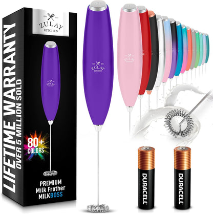 Zulay Kitchen Milk Frother Handheld Electric Whisk with AA Duracell Batteries – Durable Drink Mixer for Coffee, Lattes, Cappuccinos & More - Purple