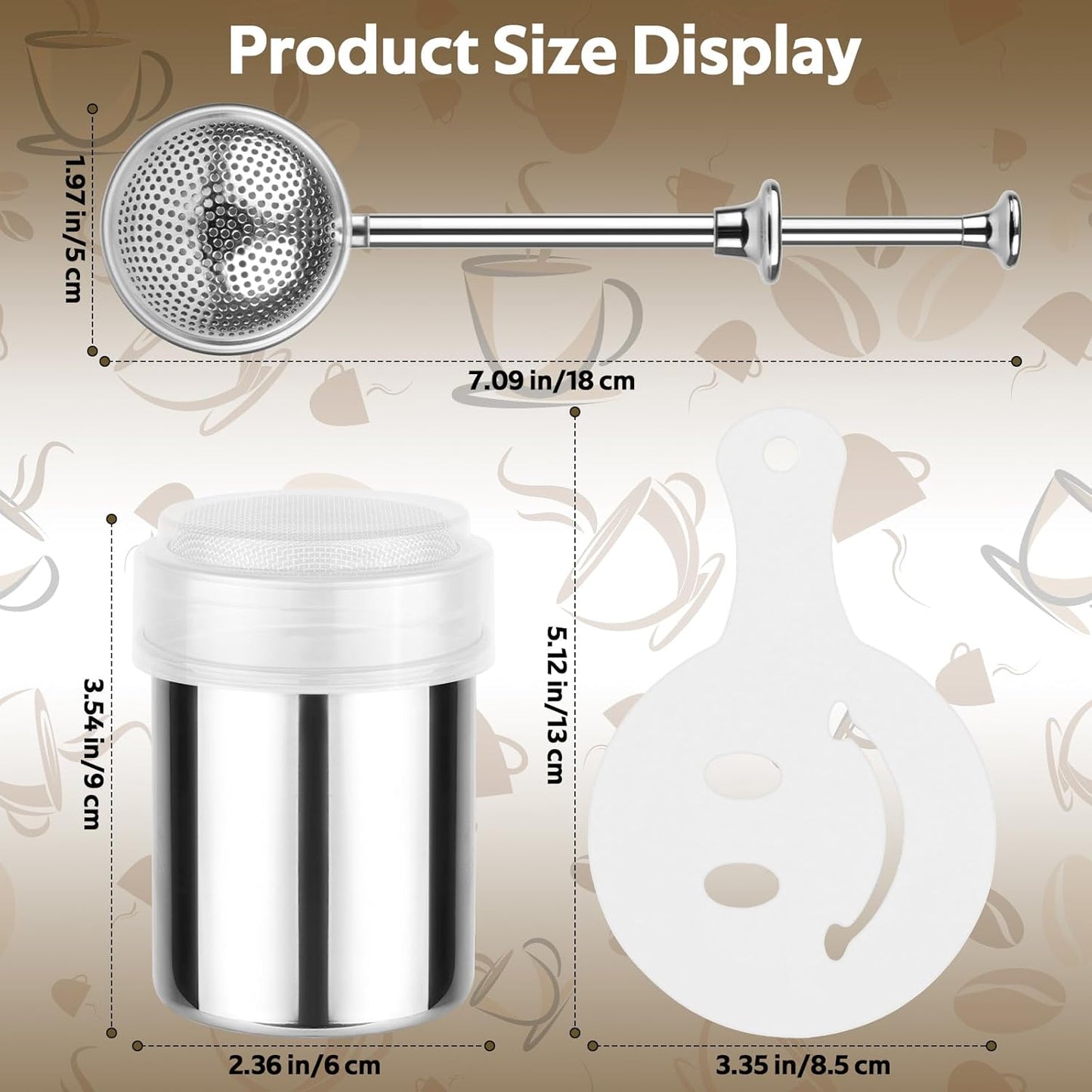 Skiennix Powdered Sugar Shaker Set - Stainless Steel Duster with 16 Coffee Stencils for Baking & Coffee
