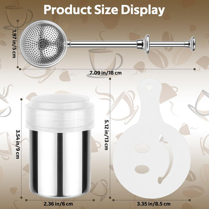 Skiennix Powdered Sugar Shaker Set - Stainless Steel Duster with 16 Coffee Stencils for Baking & Coffee
