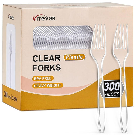 [300 Count] Clear Heavy Duty Plastic Forks, Disposable Plastic Forks, Fancy Plastic Cutlery, Elegant Disposable Forks, Plastic Utensils Set, Clear Forks Set