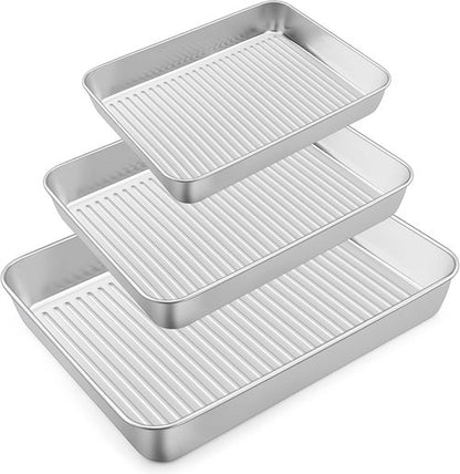 E-far Stainless Steel Baking Pans Set of 3 - Non-Toxic Rectangle Sheet Cake Trays | 12.5/10.5/9.4 Inch