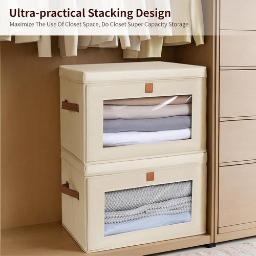 Homsorout Large Closet Storage Bins - Collapsible Clothing Organizer with Handles & Lids | 8 Pack, Beige