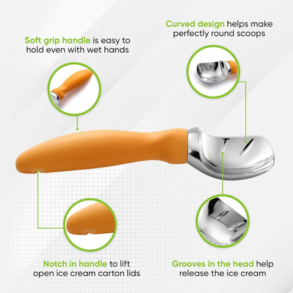 Spring Chef Metal Ice Cream Scoop - Heavy Duty Soft Grip Handle for Gelato & Sorbet | Set of 2 - Mango