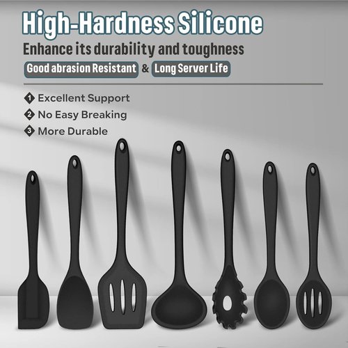 E-far Silicone Cooking Utensils Set - 7-Piece Heat Resistant Nonstick Kitchen Tools | Black & Dishwasher Safe