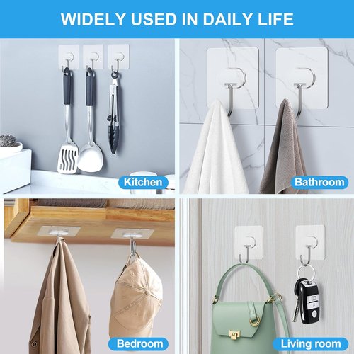 JINSHUNFA Heavy Duty Adhesive Wall Hooks - 13LB Capacity, Waterproof, Transparent | 8 Pack for Bathroom & Kitchen