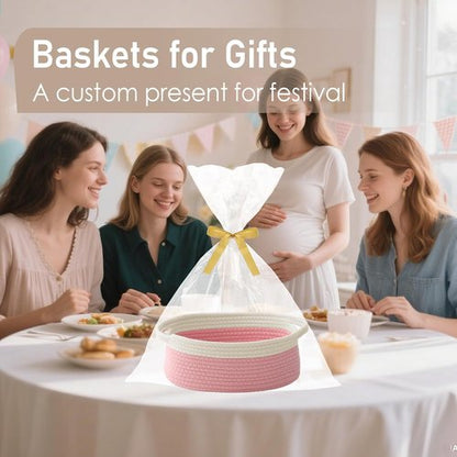 JMvicyroam Woven Basket - Small Rope Storage Bin with Handles | Stylish Organizer for Shelves & Closets - White & Pink (2 Pack)