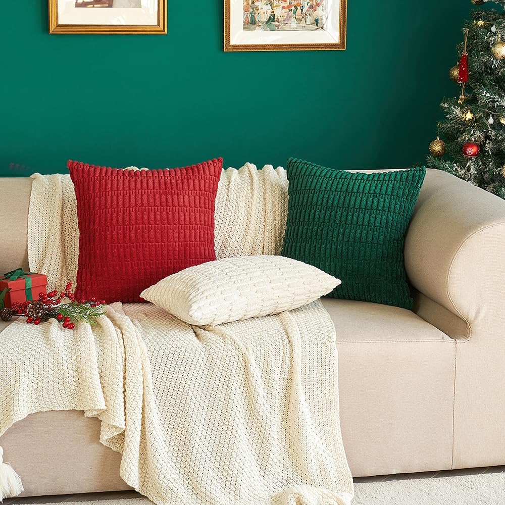 MIULEE Euro Sham Pillow Covers - Soft Dark Green Corduroy | 24x24 Inch Boho Striped Decor for Sofa & Bed