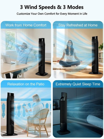 Uthfy 31”Tower Fan for Bedroom, 120° Oscillating Electric Bladeless Fan with Remote, 3 Speeds, 3 Modes, 7.5H Timer, 26ft/s Velocity Quiet Standing Fan for Home, Office, Living Room, Black
