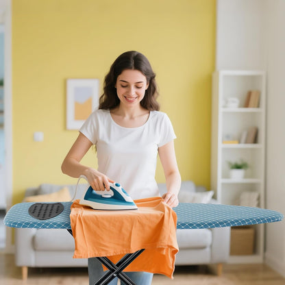 BKTD Compact Ironing Board - Adjustable Height, Heat Resistant Surface | Space-Saving 13 x 43 in Diagonal Checkered Blue
