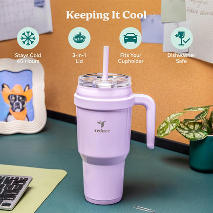 REDUCE Cold1 40 oz Tumbler - Vacuum Insulated Stainless Steel Water Bottle with Handle & Straw | Gloss Cotton Finish