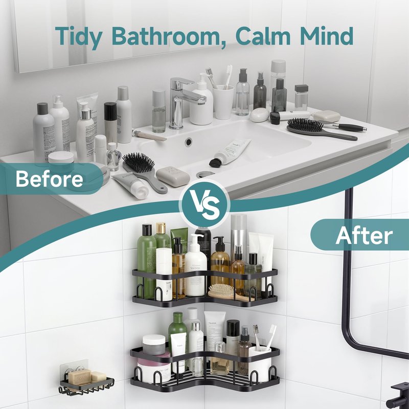 Veken Corner Adhesive Shower Caddy 4-Pack with Soap Holder&Hooks,No Drilling Shower Shelves,Rustproof & Waterproof Bathroom Organizers and Storage,Rack for Small Spaces, Kitchen&Rental-Friendly,Black