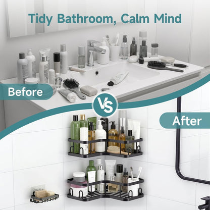 Veken Corner Adhesive Shower Caddy 4-Pack with Soap Holder&Hooks,No Drilling Shower Shelves,Rustproof & Waterproof Bathroom Organizers and Storage,Rack for Small Spaces, Kitchen&Rental-Friendly,Black