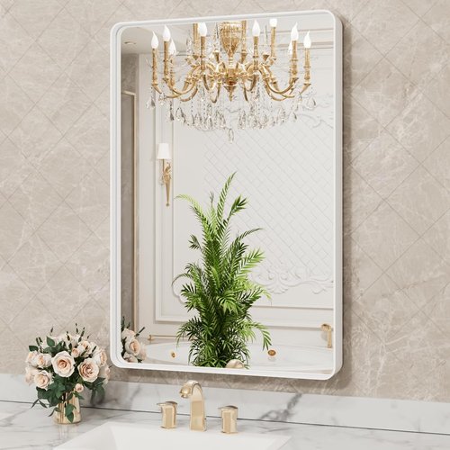 LOAAO Bathroom Mirror - 32x36 Inch White Metal Framed Vanity Mirror | Large Rounded Rectangle, Anti-Rust Tempered Glass