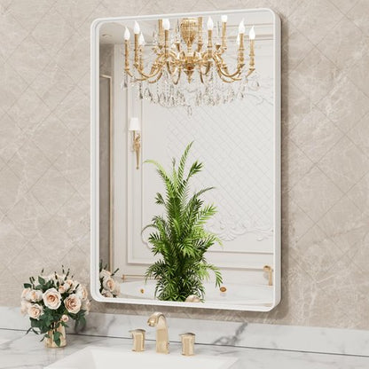 LOAAO 32x36 Inch White Metal Framed Bathroom Mirror for Wall, White Bathroom Vanity Mirror Farmhouse, Large Rounded Rectangle Mirror, Anti-Rust, Tempered Glass, Hangs Horizontally or Vertically