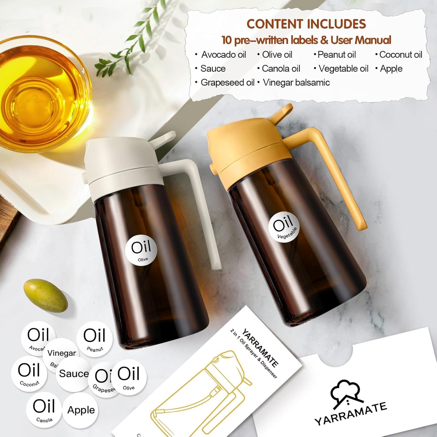 YARRAMATE 16oz Clear & Dark Brown Oil Sprayer - Versatile Kitchen Tool for Easy Cooking