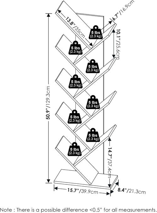 Furinno TREE Bookshelf - 9-Tier Tree Bookcase with Angled Open Shelves | White, 8.4 x 15.7 x 50.9 Inches