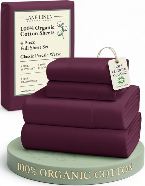 LANE LINEN 100% Organic Cotton Eco Friendly Full Size Bed Sheets, Mercerized Fully Elasticized Cotton Sheets Full, Percale Weave Soft & Comfy Comes in Variety of Colors- Windsor Wine