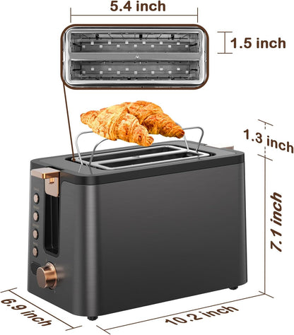 Mecity 2-Slice Stainless Steel Toaster - Extra Wide Slots, 6 Browning Settings, Timer & Warming Rack | Grey