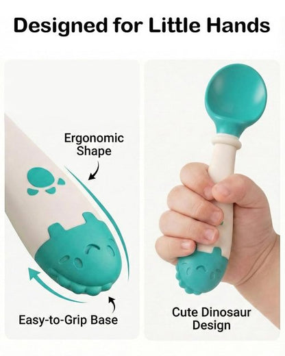 Deejoy Toddler Utensils - Self-Feeding Flatware Set with Travel Case | Silicone Bendable Handles, Easy Grip, Stage 2 Green