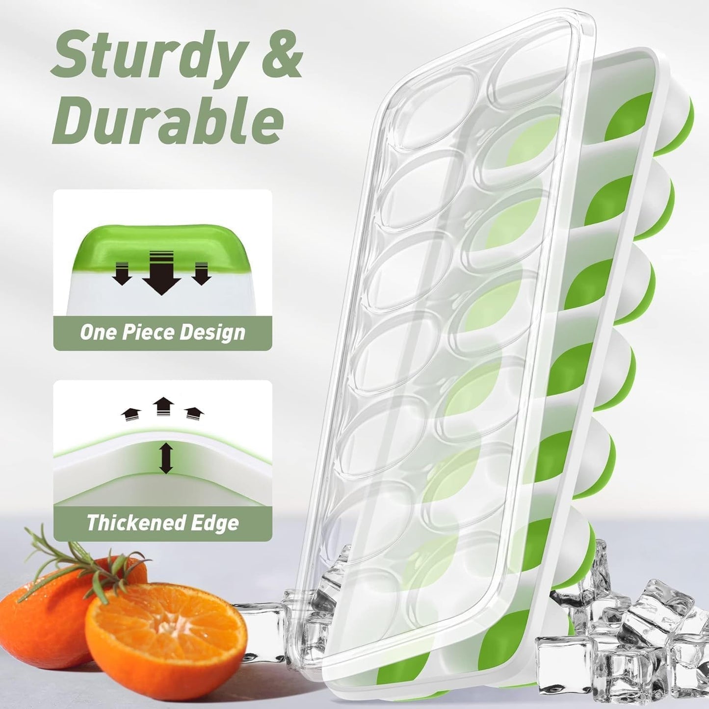 Skiennix Ice Cube Tray Set - 4 Pack Silicone Trays with Lid & Bin for Easy Freezing | Green