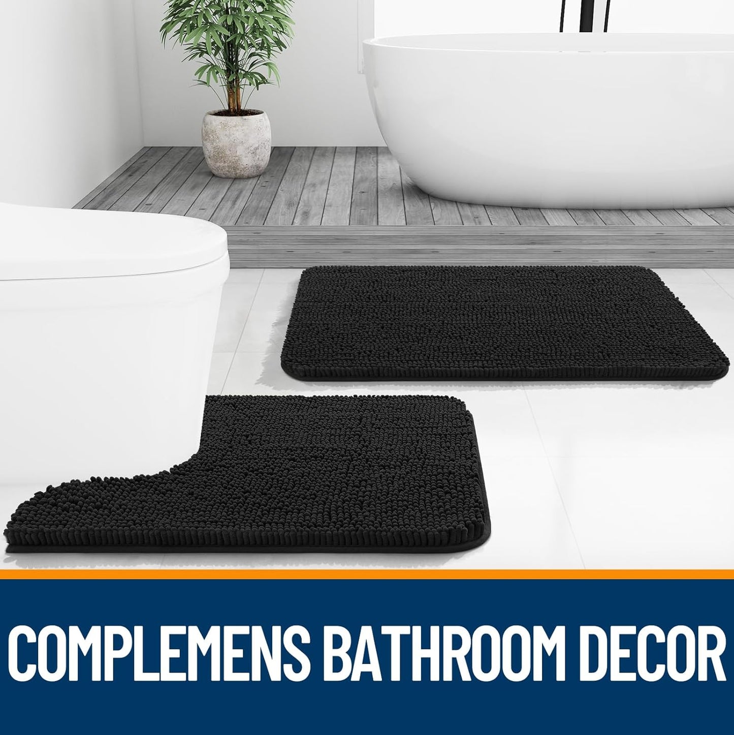 OLANLY Large Bathroom Rugs - Extra Soft Chenille Bath Mats with Rubber Backing | 70x46, Quick Dry, Black