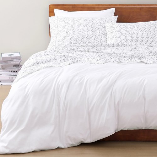 100% Organic Cotton White (Grey Dot) Full-Sheets Set, 4-Piece Long Staple Percale Weave Ultra Soft Best Bedding Sheets for Bed, Breathable, GOTS Certified, Fits Mattress Upto 15inch Deep