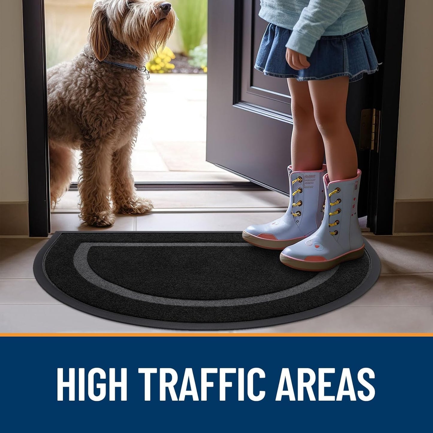 OLANLY Half Circle Door Mat - Waterproof All-Season Indoor/Outdoor Welcome Mat | Low Profile, Easy Clean, 29.5x17, Black