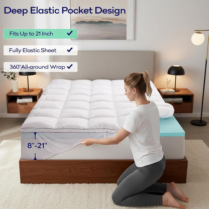 OLANLY Memory Foam Mattress Topper - 4 Inch Queen Size with Cooling Pillow Top & Gel Layer, White