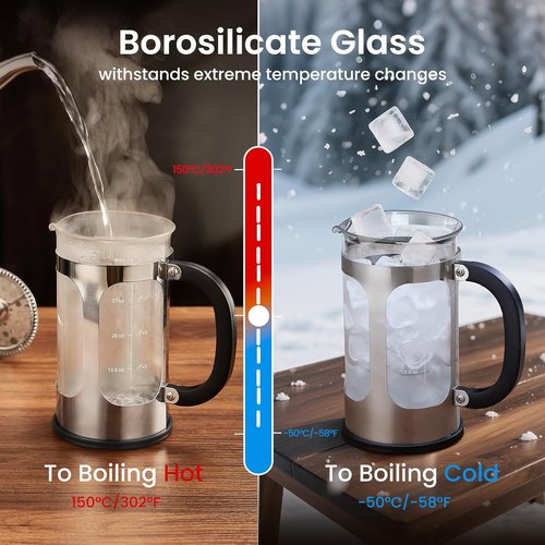 BAYKA French Press Coffee Maker - 34oz Cold Brew Iced Coffee Pot | Heat-Resistant Borosilicate Glass, Silver