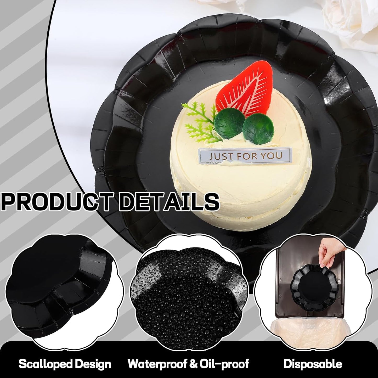 NatNarr 30 Pcs Black Paper Plates - 7 Inch Scalloped Disposable Dessert Plates for Parties & Events